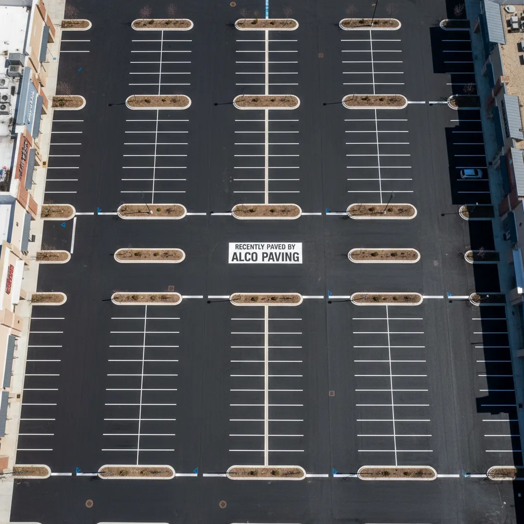 Aerial view of a large, complex commercial parking lot