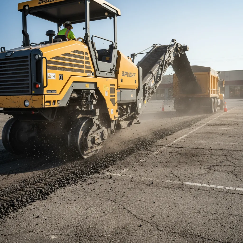 Asphalt milling machine in operation on a commercial parking lot